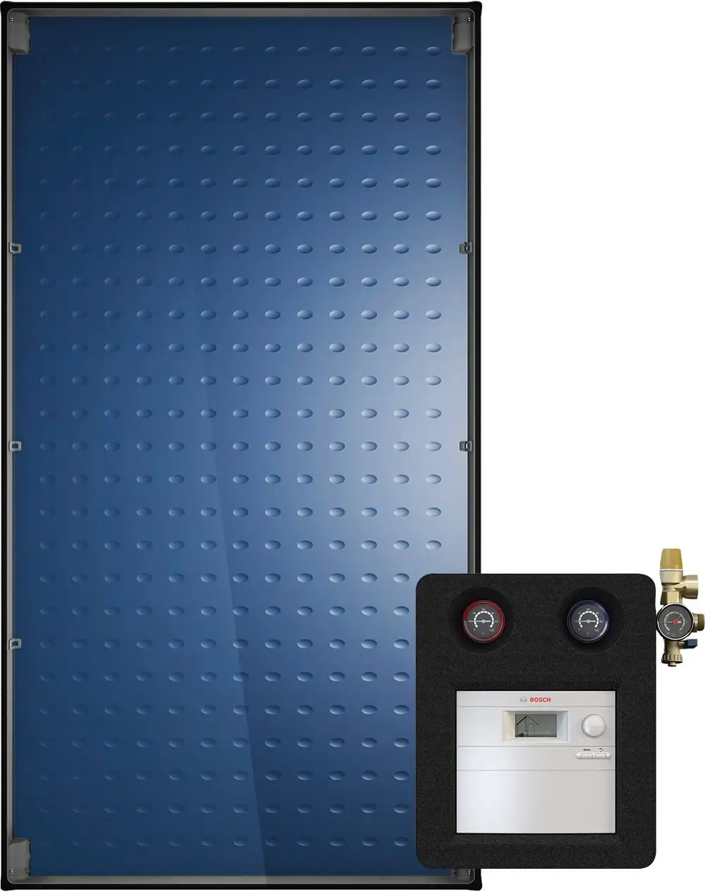 Solar-Kollektor mit einer blauen Oberfläche und einem integrierten Anschlussbereich. Der Anschlussbereich enthält Druckanzeigen und ein Ventil, hergestellt von Bosch.